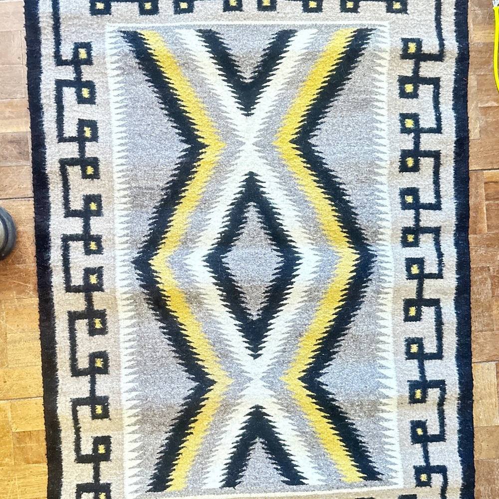 Geometric Pattern Native American Rug in Gray, Yellow, and Black